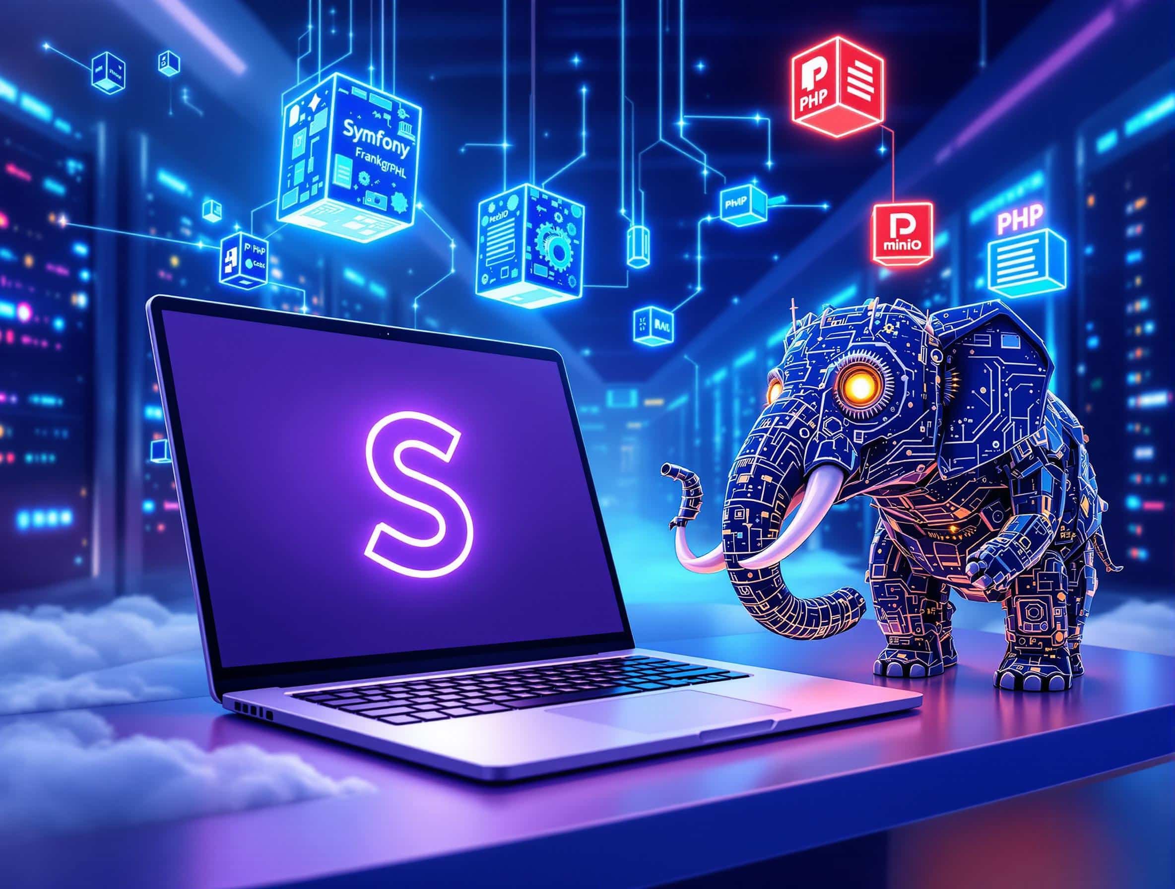 Illustration d'un serveur Symfony moderne propulsé par Docker et FrankenPHP, PHP high-tech futuriste.