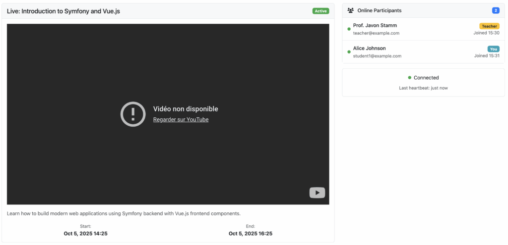 the classroom page of symfony live check with mercure hub