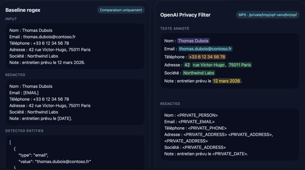 comparaison entre un REGEX et open privacy filter de Open ai
