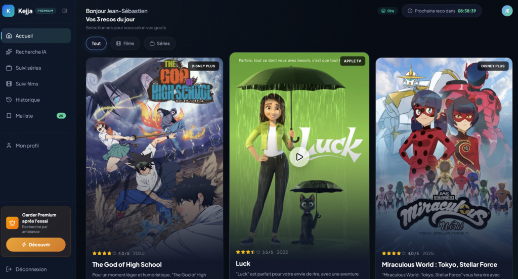 Accueil de l'app web Kejja : trois recommandations du jour pour l'humeur « Rire », avec plateforme, note et raison du choix